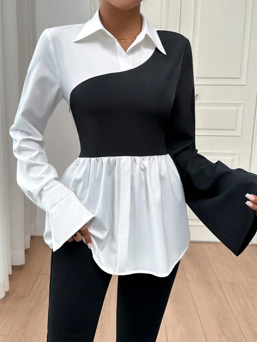 Firerie Asymmetric Color Blocking Long Sleeve Shirt,Long Sleeve Tops - Black and White - View 1