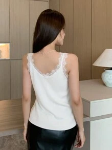 DAZY Solid Color V-Neck Lace Spliced Sleeveless Knitted Top For Women,Fall Clothes - White - View 2