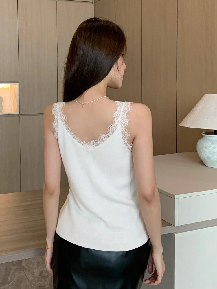 Solid Color V-Neck Lace Spliced Sleeveless Knitted Top For Women,Fall Clothes