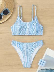 SHEIN Swim 女士花卉印花飘逸细肩带比基尼套装夏季海滩 - 藍白色 - 查看 2