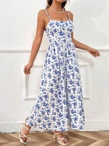 SHEIN WYWH Women'S Floral Print Spaghetti Strap Dress - Blue and White - View 5
