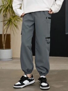 SHEIN Tween Boy Black & Grey Letter Print Zipper Closure Jogger Pants - Multicolor - View 3