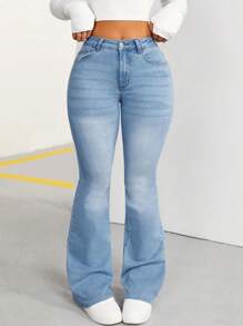 SHEIN PETITE 女性修身飛梭牛仔褲 - 藍色 - 查看 1