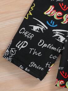 Tween Girls' Sheer Cropped Top With Letter Print Spaghetti Strap Romper Set - Multicolor - View 3