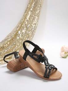 New Women's Fashionable Rhinestone Decor Wedge Heel Thick Sole Comfortable Sandals - Black - View 5