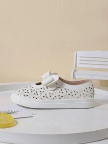 女童春夏款白色簡約蝴蝶結時尚休閒皮便鞋,適用於兒童和青少年戶外運動風格的輕便鞋 - 白色 - 查看 3
