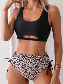 SHEIN Swim Women's Backless Camisole Bra And Leopard Print Drawstring Side-Tie Briefs Bottom Bikini Set Music Festival, For Summer Beach Vacation - Multicolor - View 1
