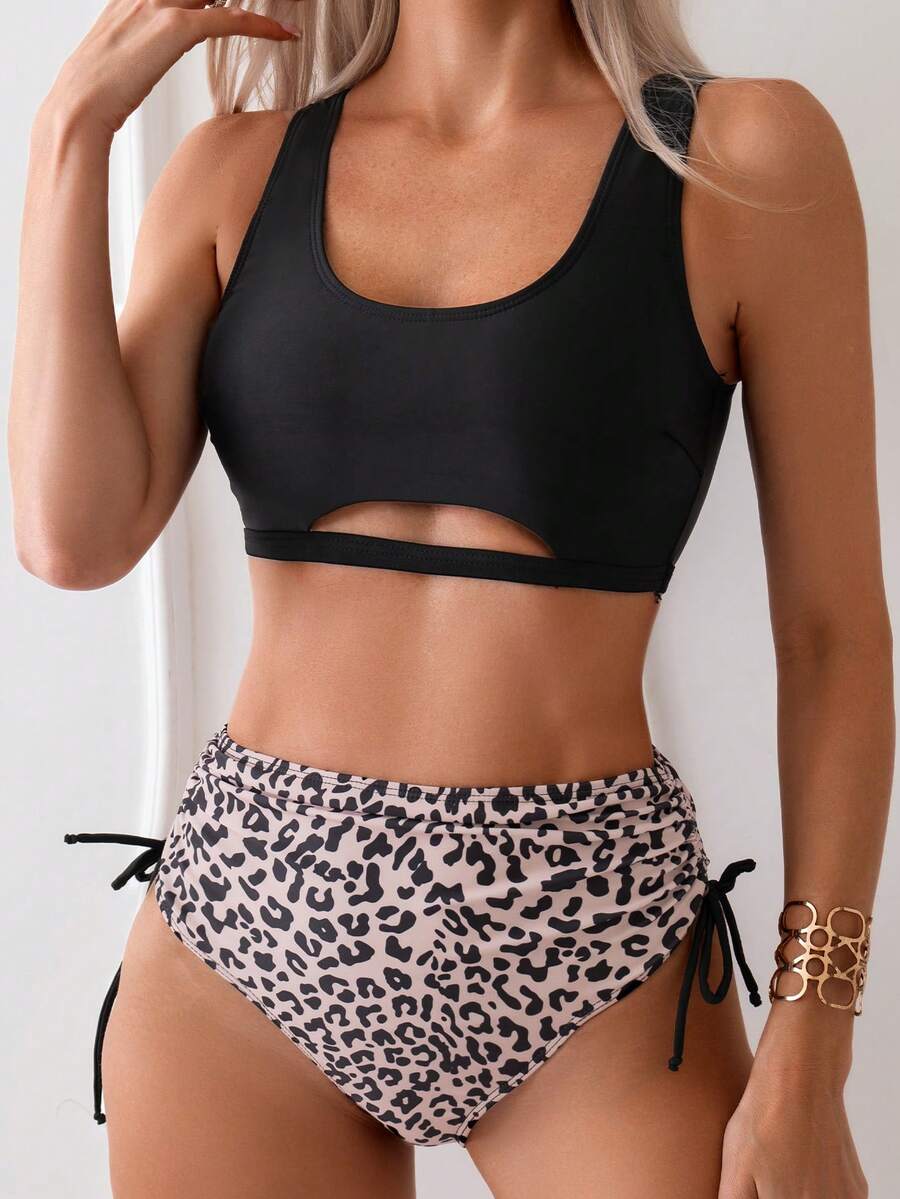 SHEIN Swim Women's Backless Camisole Bra And Leopard Print Drawstring Side-Tie Briefs Bottom Bikini Set Music Festival, For Summer Beach Vacation - Multicolor - View 1