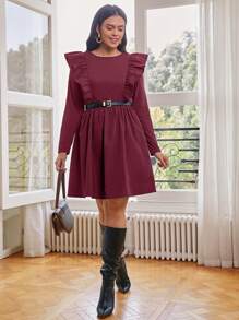 SHEIN Frenchy Plus Size Ruffle Trimmed Long Sleeve Dress Without Waist Belt Wedding Valentine  Dress - Burgundy - View 5