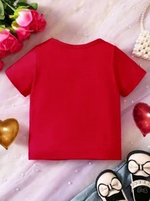 SHEIN 女婴新奇字母印花短袖 T 恤，夏季情人节 - 紅色 - 查看 2