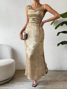 Chiquease 無袖不對稱領光面連身裙