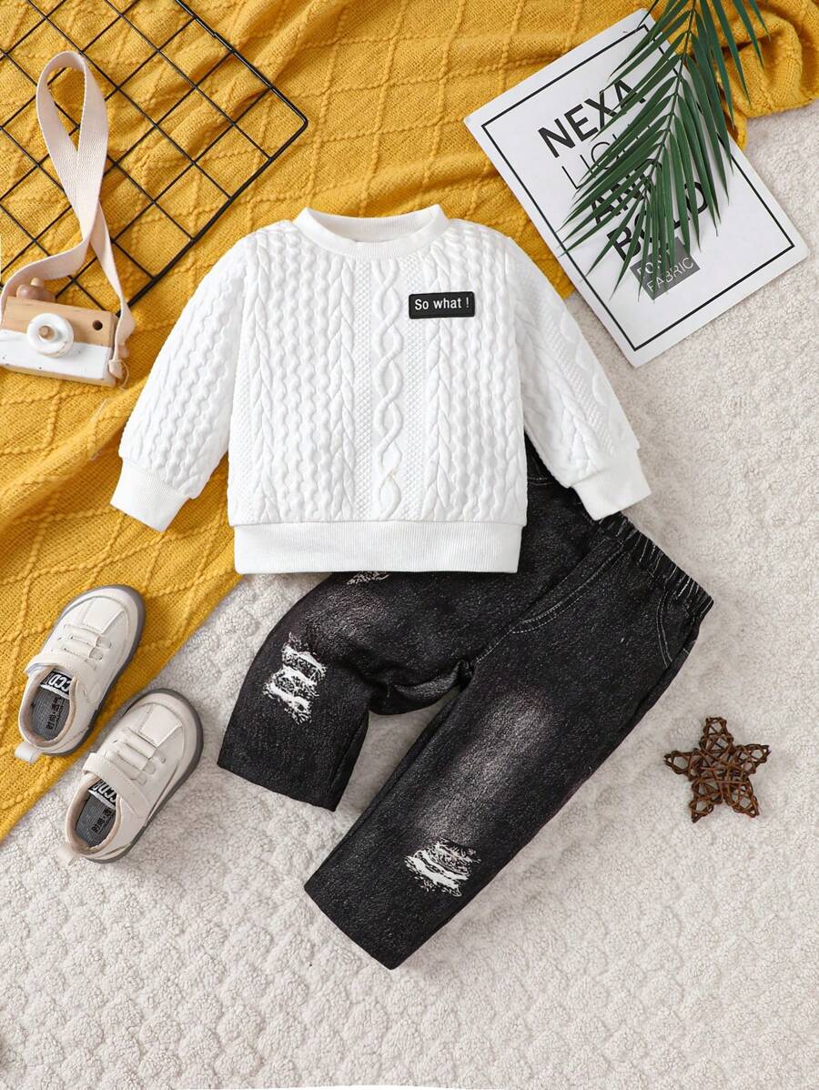 嬰兒男童補丁細節襯衫和仿牛仔布褲套裝 - 黑色 - 查看 1