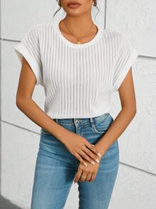 SHEIN Essnce Của phụ nữ Mùa hè giản dị tay cánh Textured Trắng Áo thun - trắng - Xem 3