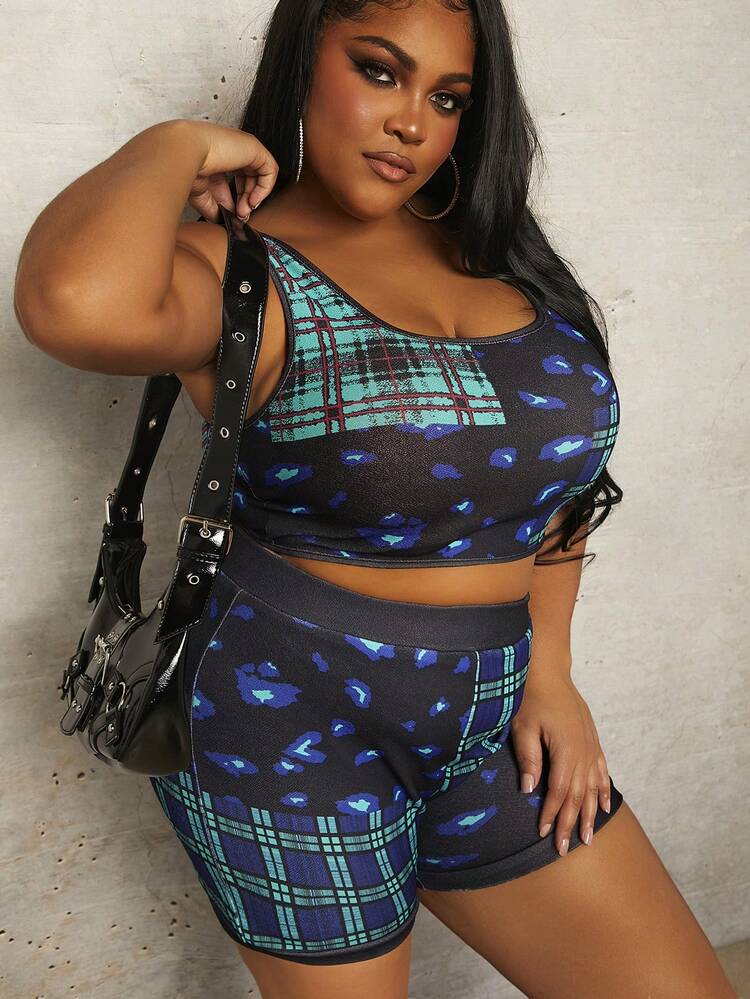 Plus Size Women's Printed Vest And Bodycon Two Piece Set
