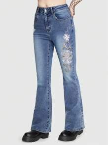 ROMWE Fairycore Floral Embroidery Flare Leg Jeans