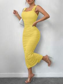 SHEIN SXY 女性優雅假日cami連衣裙,採用網紗面料,褶皺和開叉設計