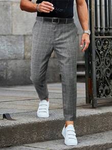 Manfinity Homme Men's Plaid Suit Trousers With Diagonal Pockets, No Belt Included - Grey - View 1