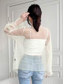 Mesh See-Through Polka Dot Blouse With Flared Sleeves - Apricot - View 2