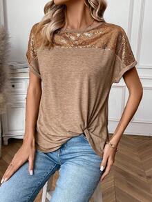 SHEIN LUNE Của phụ nữ Lấp lánh Bảng Viền xoay tròn Áo thun - Lạc đà - Xem 3