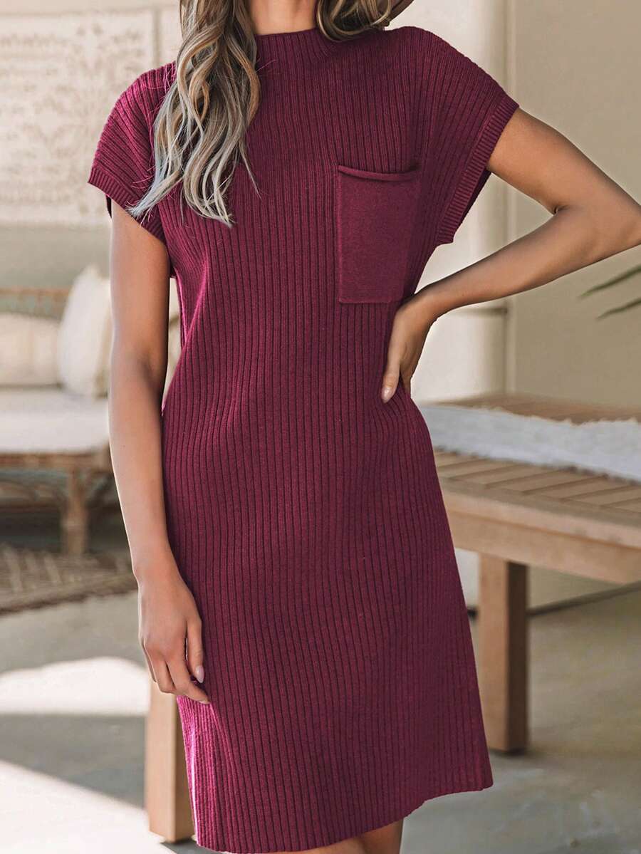 紅寶石口袋休閒肋紋織短袖連衣裙