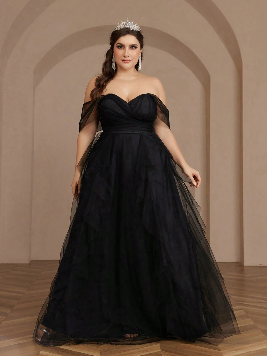 SHEIN Belle Plus Size Romantic Exaggerated Layered Black Mesh Evening Dress Plus Size Formal Ball Gowns Dress Elegant Prom Wedding Guest Dress, For Graduation, Dinner Party Dress - Black - View 1
