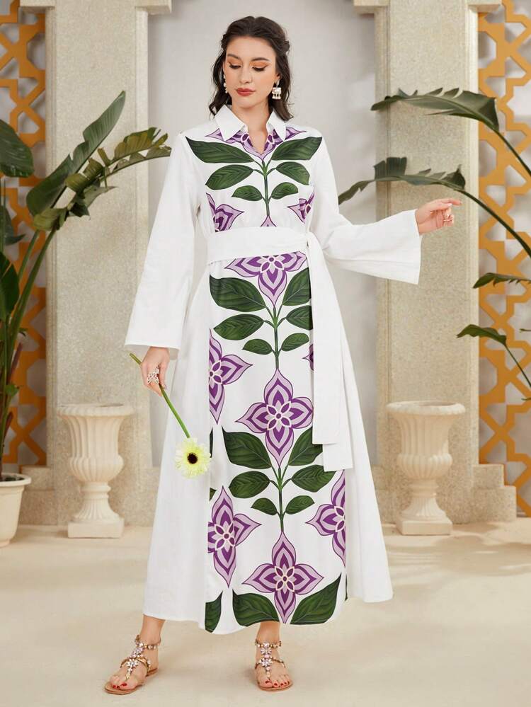 Women's Modest Full Length Arabian Collar Jalabiya Dress With Floral Printed Shirt
