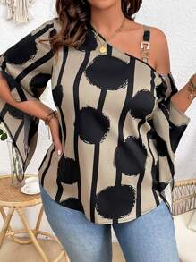 SHEIN Unity Plus Size Asymmetric Neckline Flare Sleeve Blouse - Multicolor - View 1