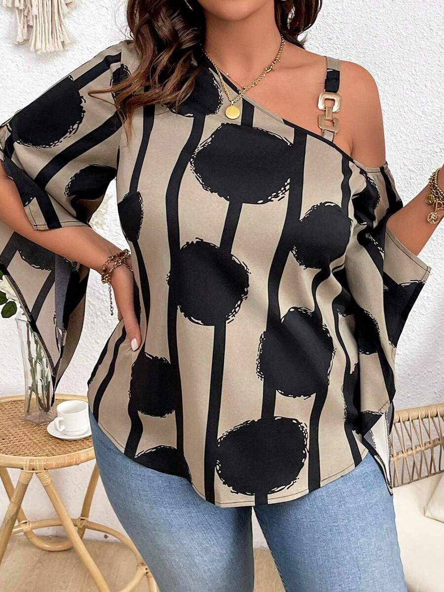 SHEIN Unity Plus Size Asymmetric Neckline Flare Sleeve Blouse - Multicolor - View 1