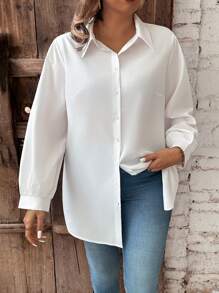Calvaya 大尺寸純色長袖休閒襯衫 - 白色 - 查看 1
