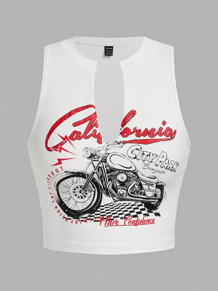 SHEIN EZwear Motorcycle & Letter Graphic Notched Neck Tank Top