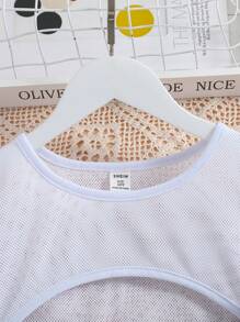 Tween Girls' Sheer Cropped Top With Letter Print Spaghetti Strap Romper Set - Multicolor - View 4