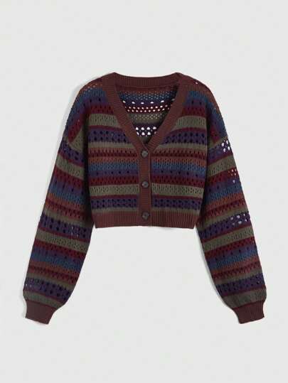 Hippie Color Block Striped Hollow Knit Cardigan,Long Sleeve Tops