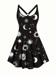 Cross Neck Design Moon & Star Print Casual Dress Spring/Summer Wear - Black - View 1