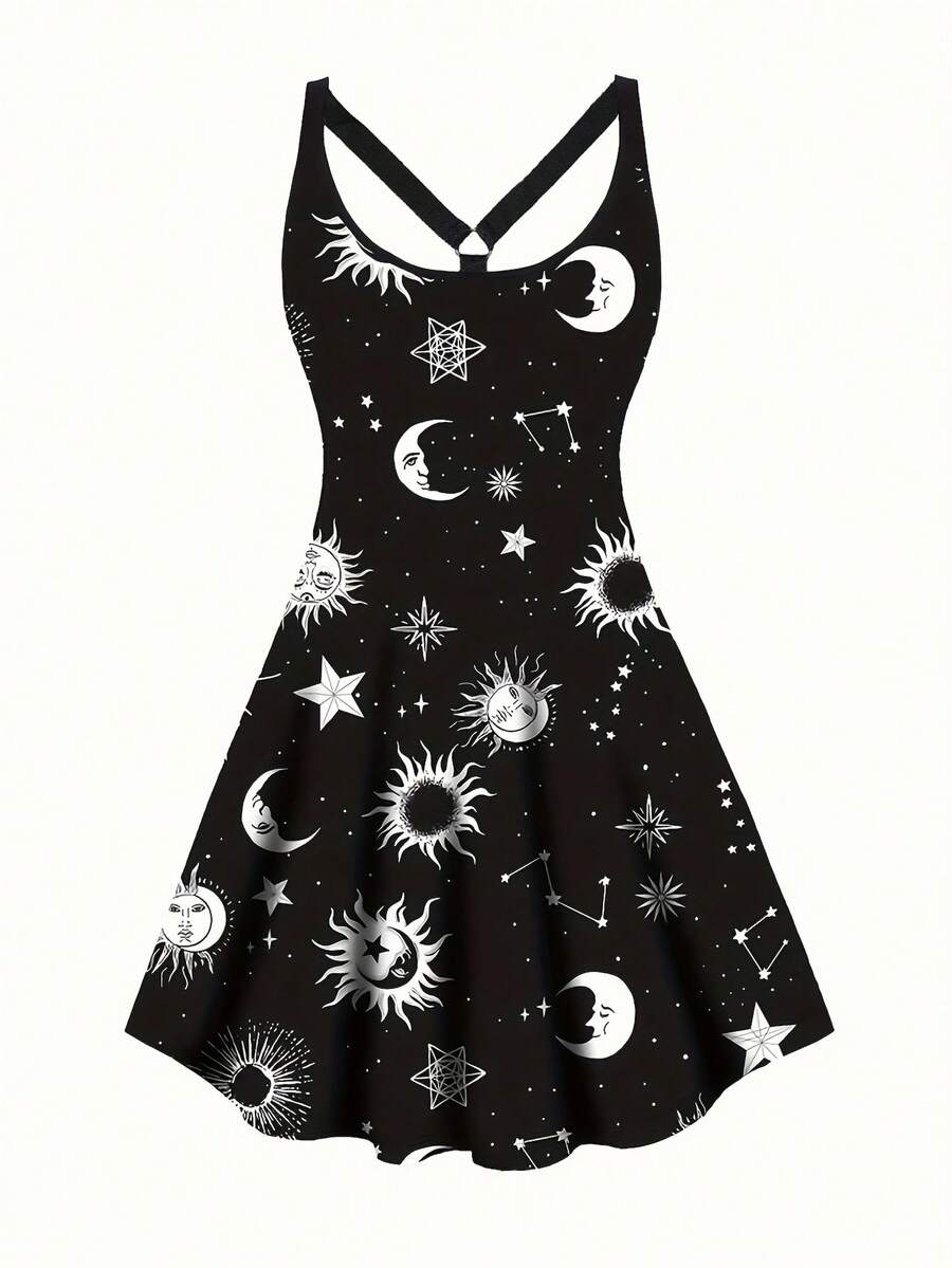 Cross Neck Design Moon & Star Print Casual Dress Spring/Summer Wear - Black - View 1