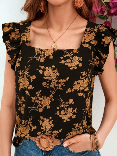 SHEIN VCAY Women's Floral Printed Short Sleeve Square Neckline Shirt For Summer Vacation