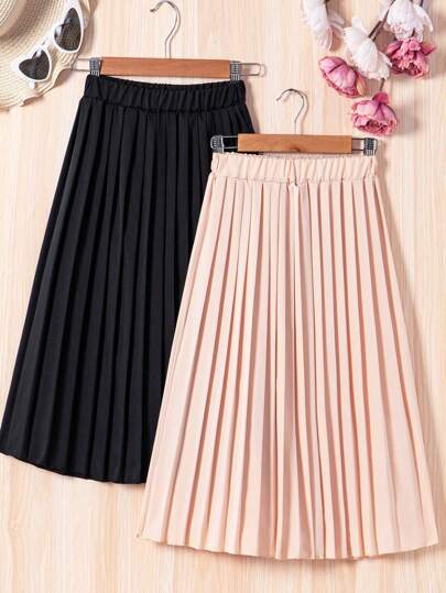 Tween Girl 2PCS Set - Solid Color Elastic Waist Long Pleated Skirt, Fashionable For Both Casual Wear And Special Occasions, Showcasing Tween Girls' Stylish Taste And Unique Personalized In Everyday Life