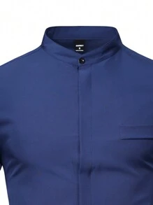 Manfinity Mode Áo sơ mi nam tay dài cổ đứng trơn màu trơn thường ngày, đi làm, kinh doanh - Màu xanh hải quân - Xem 4