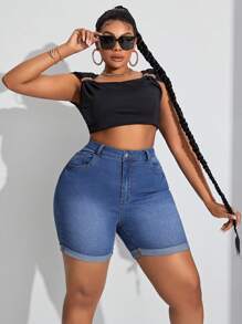 SHEIN SXY Kích thước lớn Co giãn Gầy Quần short Denim - Màu xanh lam - Xem 4