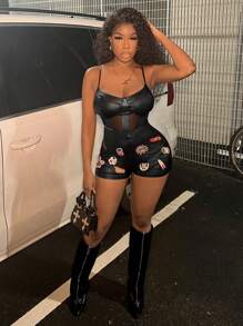 Slaydiva 女士性感网眼拼布黑色 PU 皮革不对称下摆吊带背心 - 黑色 - 查看 3