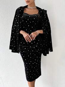 SHEIN Clasi 女款星星印花西裝外套和吊帶連衣裙套裝 - 黑色 - 查看 4
