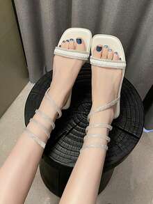 Của phụ nữ Đồ trang trí Rhinestone Con rắn Dây Quấn Thiết kế Dép phẳng , Chóp giầy hình vuông Quần quanh Dép phẳng , Hoàn hảo Đối với Các bữa tiệc Và Ngoài trời - trắng - Xem 3