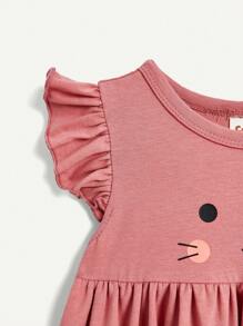 Cozy Pixies Conjunto De Vestido De Cintura Imperio Con Cuello Redondo Con Volantes Y Estampado De Conejito Para Niña Pequeña