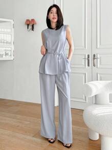 DAZY Bộ 2 món/Bộ đồ công sở màu trơn đơn giản cho nữ không tay và quần - Màu xanh lam - Xem 4