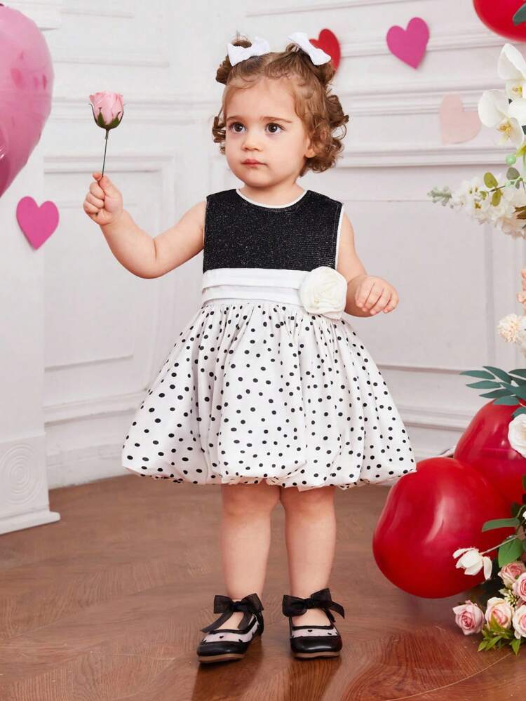 Baby Girls' Cute Knit Polka Dot Patchwork 3d Flower Tank Dress