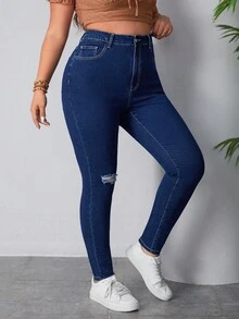 SHEIN EZwear 大碼撕破款修身牛仔褲 - 藍色 - 查看 5