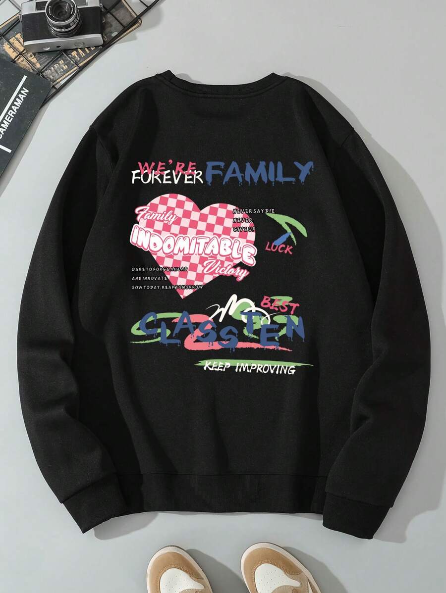 Men's Letter & Heart Print Fleece Sweatshirt - Black - View 1