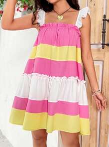 Soleia Robe femme à fines bretelles avec bloc de couleurs et volants - Multicolore - Voir 1