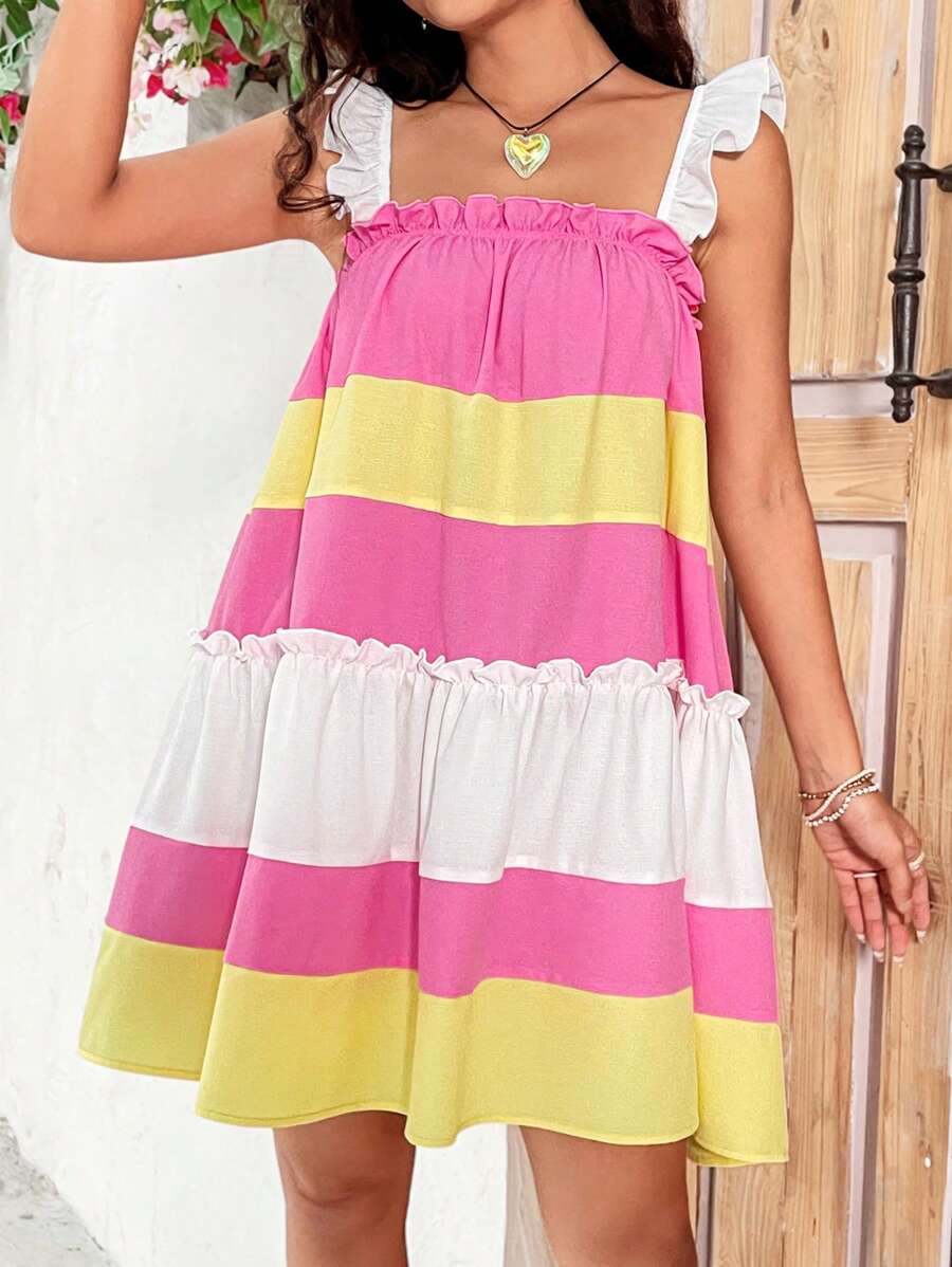 Soleia Robe femme à fines bretelles avec bloc de couleurs et volants - Multicolore - Voir 1