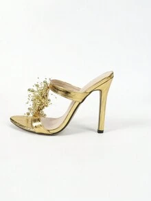 Women's Metal Flower Detail Round Toe Stiletto Heeled Sandals, Sexy & Fashionable For Parties, Shiny Gold Color - Gold - View 4