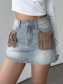 DAZY Women'S Contrast Color Fringed Decor Washed Denim Skirt Jeans Skirt - Blue - View 5